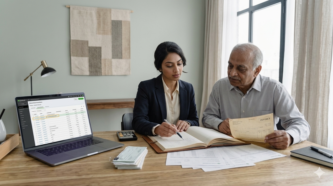 Accountant reviewing ledgers and invoices with a client at a desk