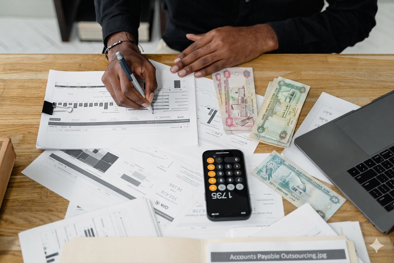 Finance professional reviewing expense reports and invoices at a desk with a calculator, cash and laptop
