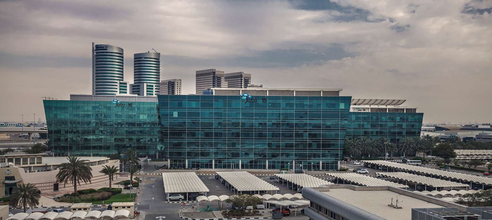 Jebel Ali Free Zone, Dubai — the Jafza headquarters office buildings with the JAFZA View towers behind