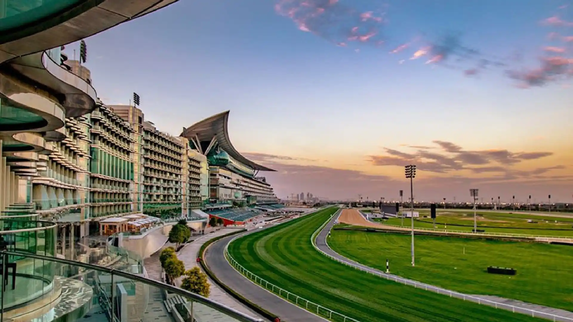 Meydan Grandstand and racecourse in Nad Al Sheba, Dubai — home of the Meydan Free Zone Authority, at sunset