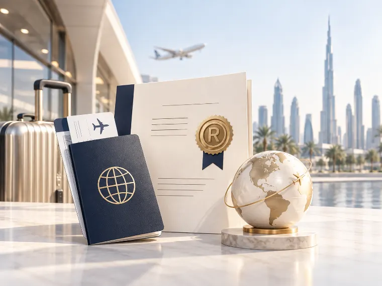 Entering the UAE from abroad: passport, globe and trademark certificate against the Dubai skyline