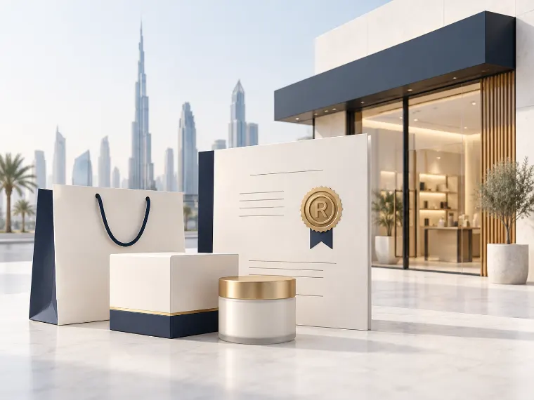 Launching a brand in Dubai: shopping bag, product box and jar beside a trademark certificate