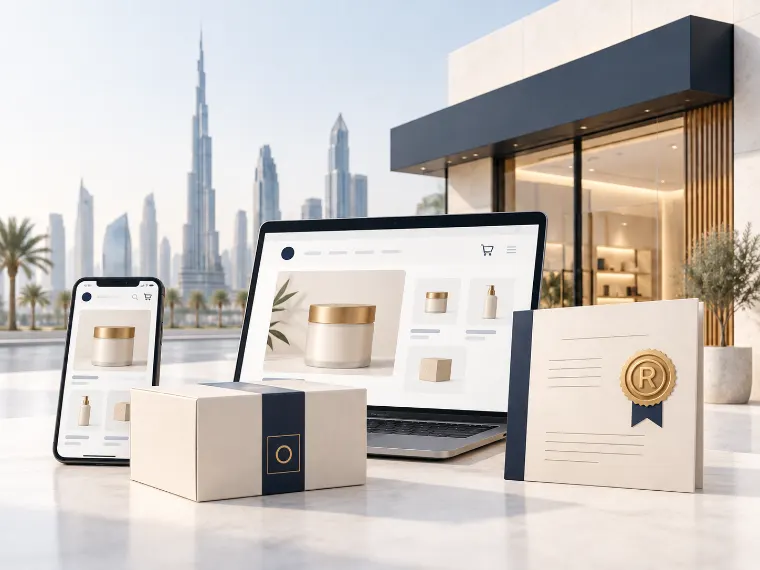 Selling online in the UAE: e-commerce store on laptop and phone with a trademark certificate