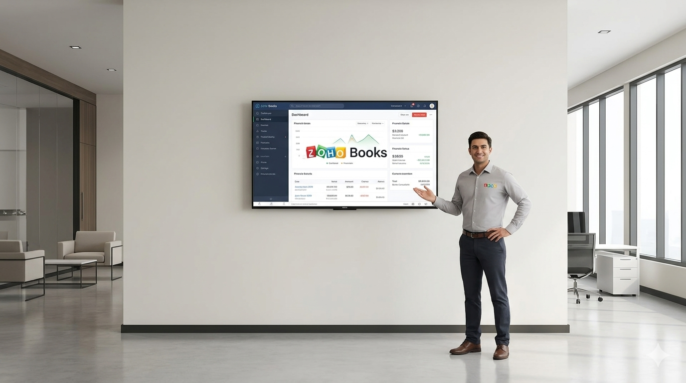Consultant presenting a Zoho Books dashboard in a modern Stevva office in the UAE